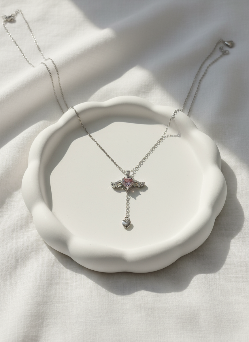 گردنبند بال فرشته نگین صورتی